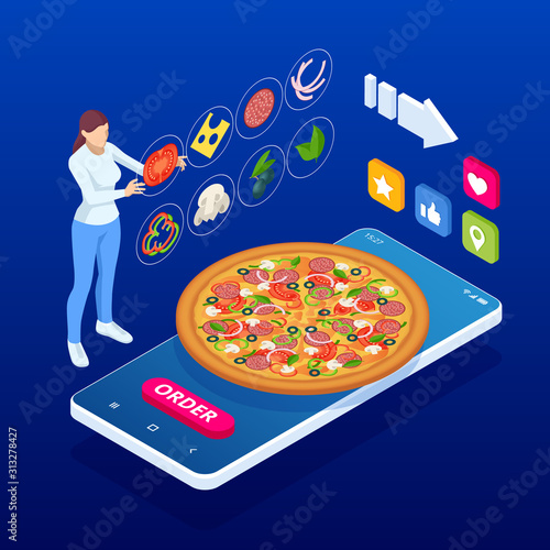 Ecommerce concept order food online website. Fast food pizza delivery online service. Flat isometric vector illustration. Can be used for advertisement, infographic, game or mobile apps icon.