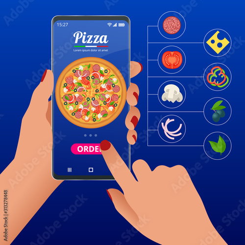 Ecommerce concept order food online website. Fast food pizza delivery online service. Flat isometric vector illustration. Can be used for advertisement, infographic, game or mobile apps icon.