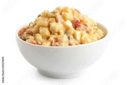 Potato salad in white bowl.