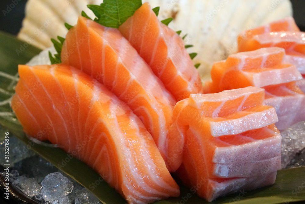 Closeup Piece of Raw Salmon Fresh - Japanese food Closeup Piece of Raw Salmon Fresh - Japanese food