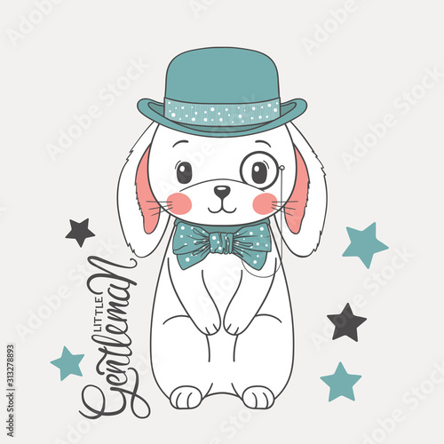 Cute rabbit boy gentleman with bowler hat, monocle, bow tie. Cartoon vector illustration for t-shirt graphics, fashion prints and other uses