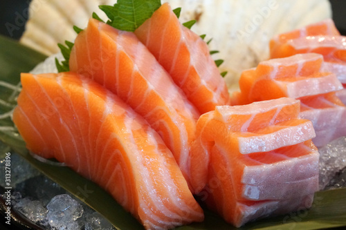 Closeup Piece of Raw Salmon Fresh - Japanese food