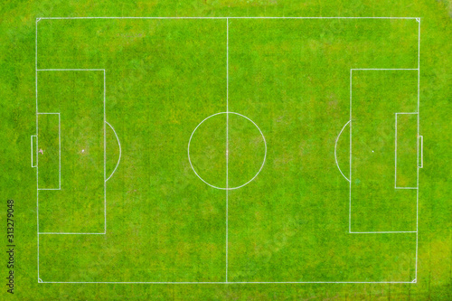 Aerial shot Football pitch looking directly down over it in a birdseye view in December 2019