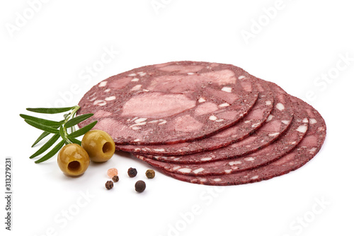 Black Pudding sausage, german cuisine, isolated on white background photo