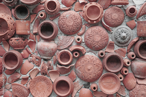 Closeup Pottery thai or red pastel Earthenware texture background - traditional style 