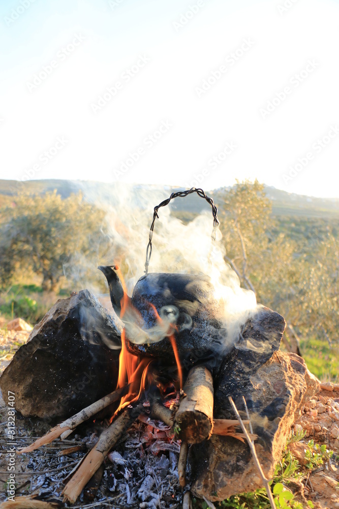 A teapot on the Firewood in nature
