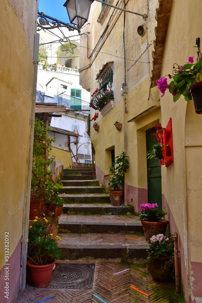 Albori, Italy, 12/26/2019. The alley of a Mediterranean-style village on the Amalfi coast