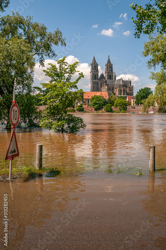 Fototapeta Huge flooding of Elbe river in downtown of Magdeburg, city center, Magdeburg, Ge