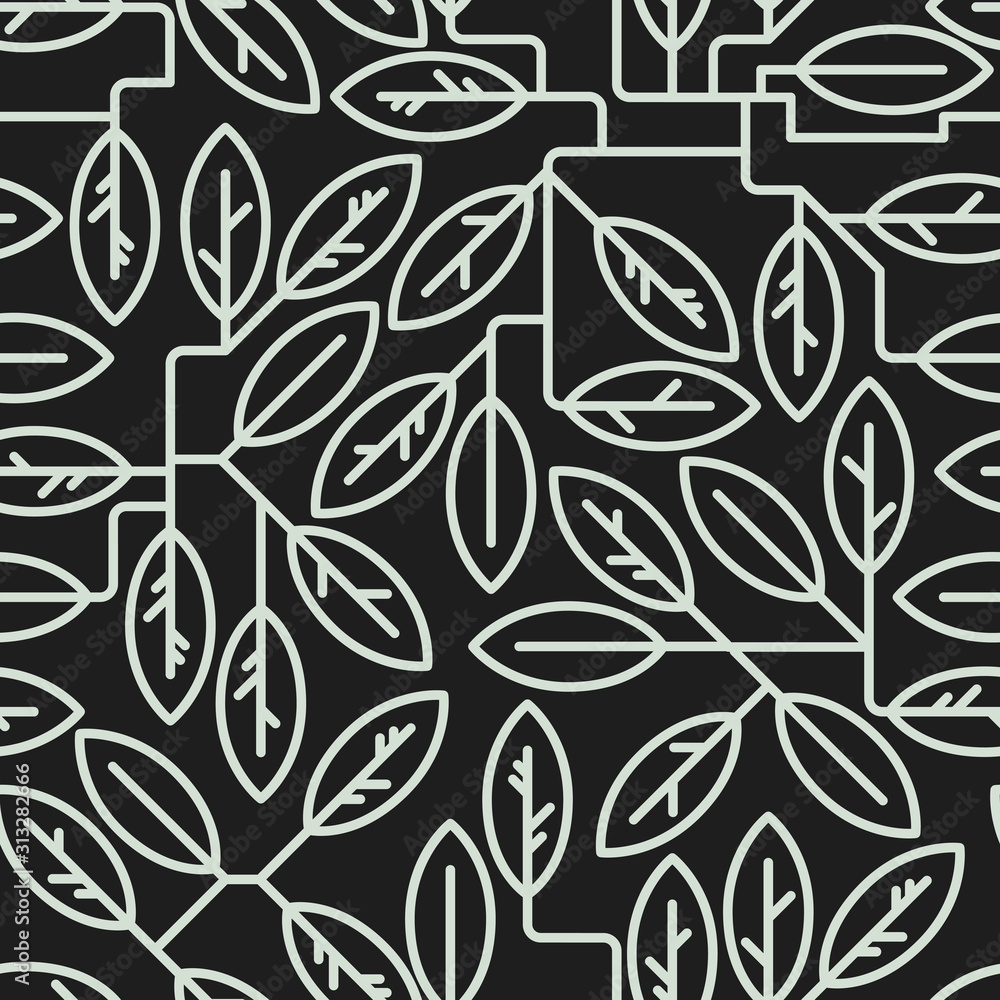 Seamless pattern. Leaves and twigs. Geometric and simple. Eco-friendly design for wrapping paper or textile. The contours of the leaves. Monochrome. Light contours on a dark background. Seamless pattern. Leaves and twigs. Geometric and simple. Eco-friendly design for wrapping paper or textile. The contours of the leaves. Monochrome. Light contours on a dark background.