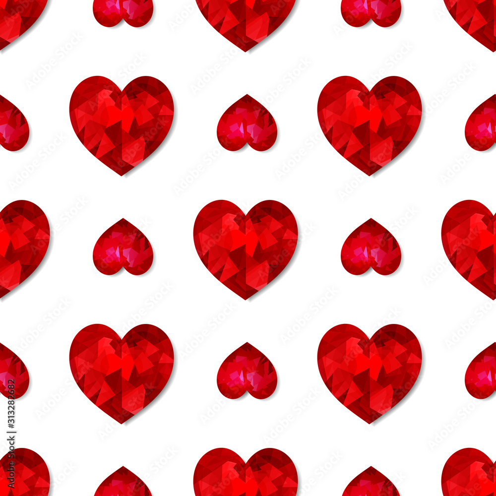 Seamless pattern with a geometric pattern of red volumetric hearts in the style of low poly. Seamless pattern with a geometric pattern of red volumetric hearts in the style of low poly.