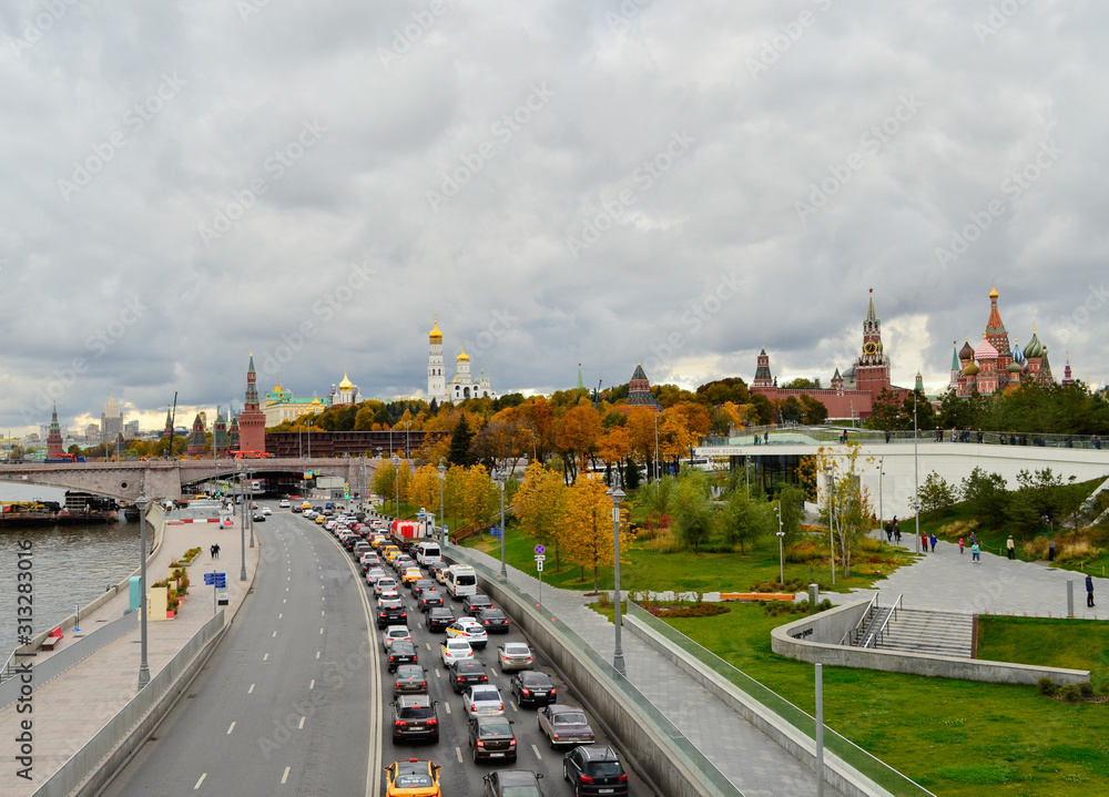 Panorama of the Moscow Kremlin. Kremlin clock tower on Red Square in Moscow, Russia. St. Basil's Cathedral on the Red Square of Russia in Moscow.