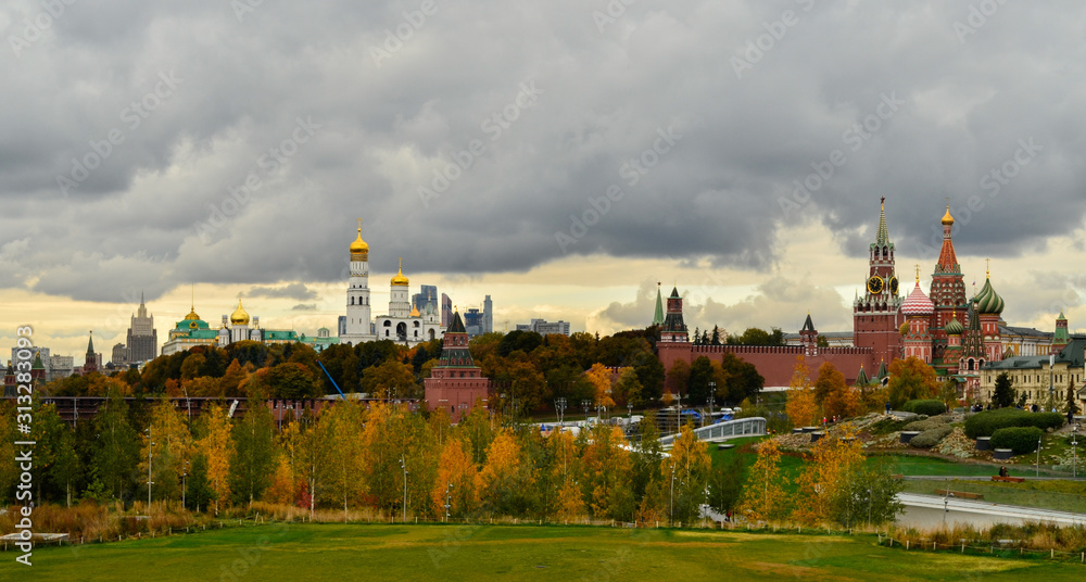 Panorama of the Moscow Kremlin. Kremlin clock tower on Red Square in Moscow, Russia. St. Basil's Cathedral on the Red Square of Russia in Moscow. Panorama of the Moscow Kremlin. Kremlin clock tower on Red Square in Moscow, Russia. St. Basil's Cathedral on the Red Square of Russia in Moscow.