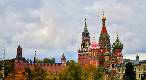 Panorama of the Moscow Kremlin. Kremlin clock tower on Red Square in Moscow, Russia. St. Basil's Cathedral on the Red Square of Russia in Moscow.