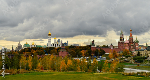 Panorama of the Moscow Kremlin. Kremlin clock tower on Red Square in Moscow, Russia. St. Basil's Cathedral on the Red Square of Russia in Moscow.