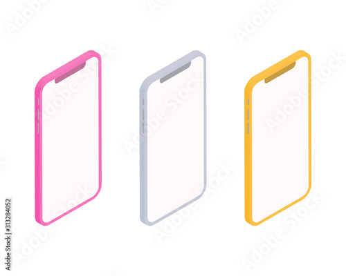 Vector isometric phone collection. Color perspective view of mobile phone.