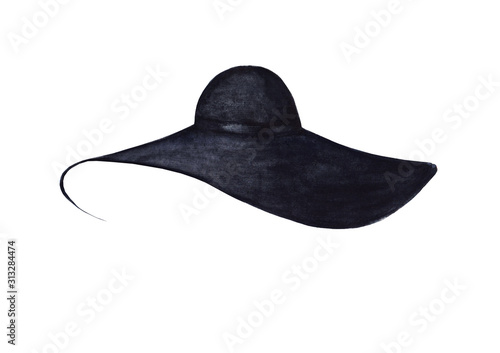 Watercolor beautiful elegant woman black hat isolated on white background.
