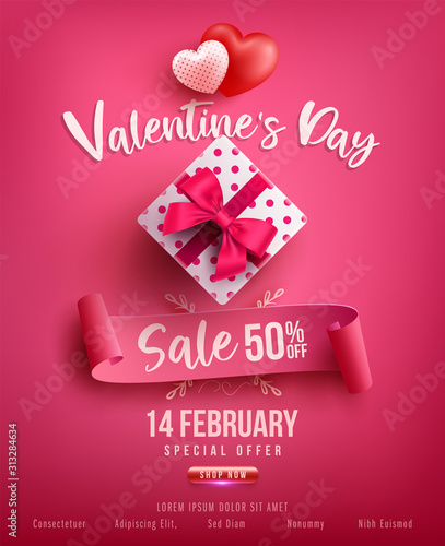 Valentine's Day Sale Poster or banner with sweet gift,sweet heart and lovely items on pink background.Promotion and shopping template or background for Love and Valentine's day concept.Vector EPS10