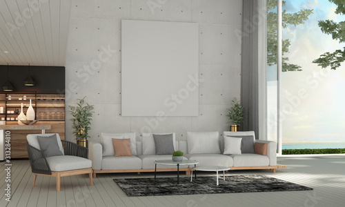 Modern mediterranean living room interior design and concrete wall background and sea view photo