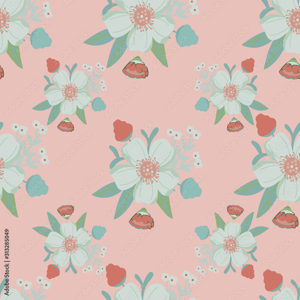 Seamless pattern with flowers, pink background.