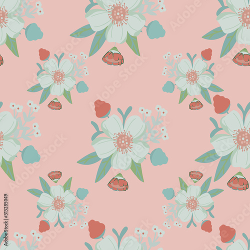Seamless pattern with flowers  pink background.