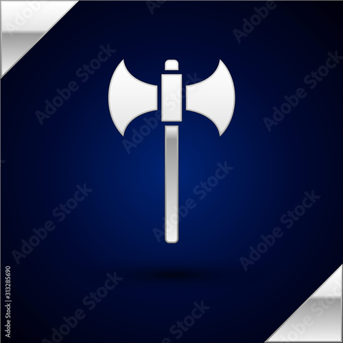 Silver Medieval axe icon isolated on dark blue background. Battle axe, executioner axe. Vector Illustration