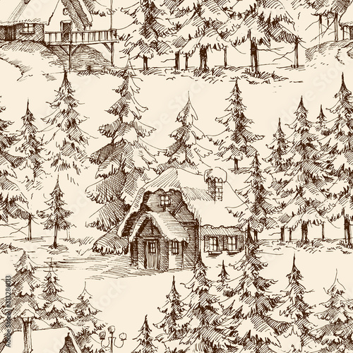 Wooden lodge in the pine forest. Idyllic landscape, holidays retreat seamless pattern