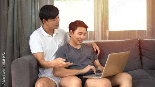 Gay couple using laptop in living room