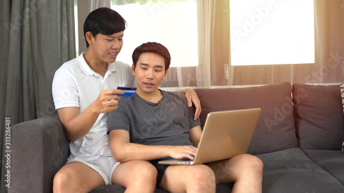 Gay couple using laptop in living room