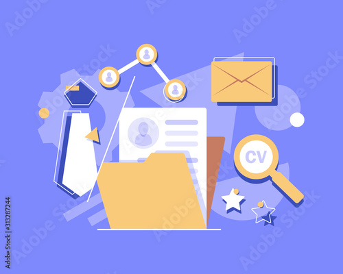 Concept Human Resources, Recruitment for web page, banner, presentation, social media, documents, cards, posters. Vector illustration filling out resumes, hiring employees, people fill out the form