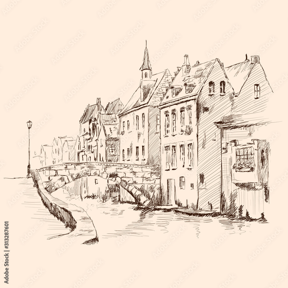 Obraz premium Scenery of the old city of Venice. Ancient buildings, a water channel. Pencil sketch.