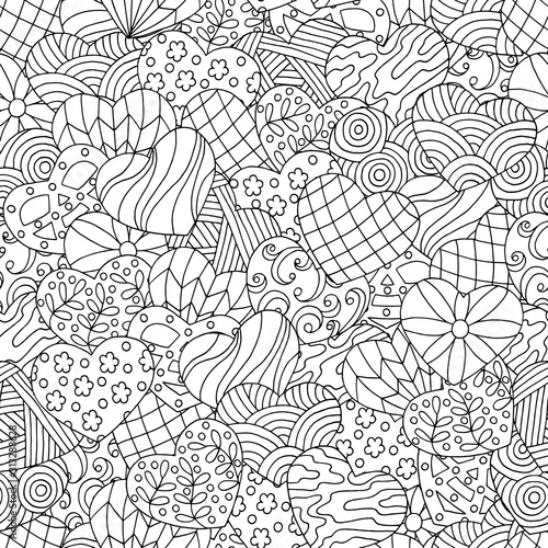 Vector seamless pattern of abstract hearts, coloring page