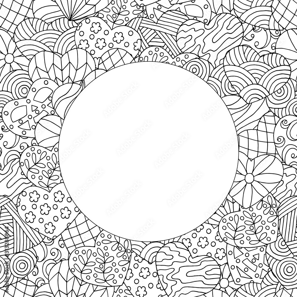 Obraz premium Frame of hand-drawn abstract hearts, coloring page