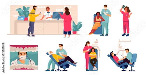 Dentist and patient. Cartoon scenes with tooth care, man in dental chair, mouth checkup and examination. Vector dentistry work concept with illustrated dental hospital