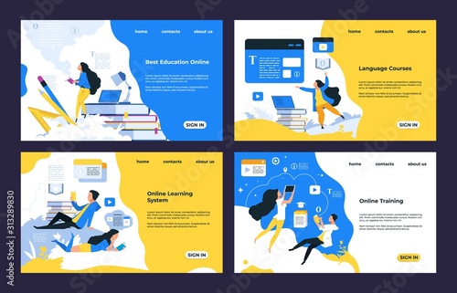 Online training landing page. Video tutorials, training courses, online library and education, landing page design. Vector web pages modern learning people knowledge