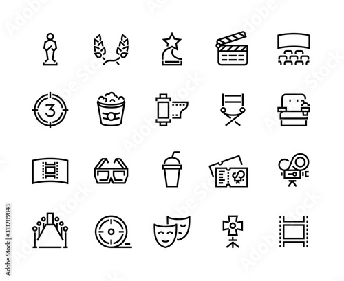 Cinema line icon. Movie and theater awards, tv entertainment and leisure with film and popcorn symbols. Vector illustration cinema icons set video, movie camera, popcorn