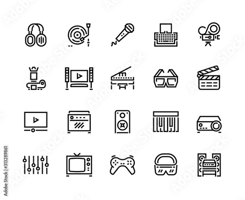 Media line icons. Technology and multimedia devices, filmmaking editing and watching, playing and listening to music. Vector set musical icon with microphone, headphones, piano, camera, radio
