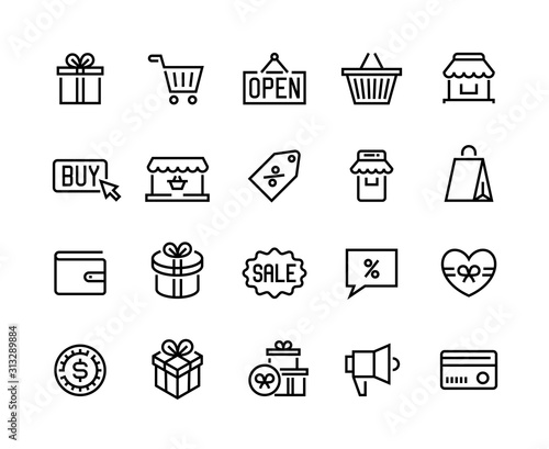 Shopping line icons. Online store and e-commerce symbols, mobile shopping and digital marketing. Vector illustrated outlines labels shop bag, basket and gift set store mobile pictogram
