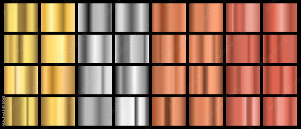 Metal gradients. Realistic golden silver steel copper bronze and brass ...