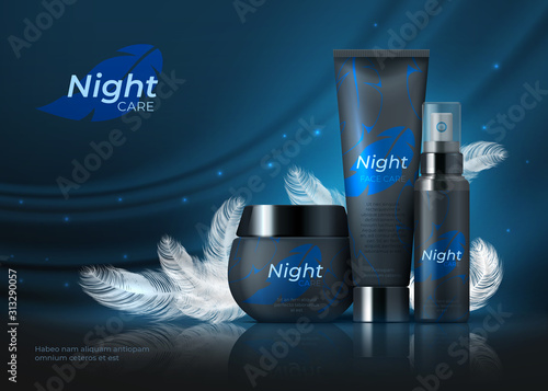 Night cosmetic background. Beauty skin care product, night cream on dark night backdrop with black feathers. Vector luxury cosmetic template on dark background for advertising brand