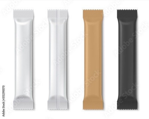 Sachet stick. Sugar package mockup for coffee and tea, food product blank paper pack. Vector sugar container isolated on white or illustration packs instant coffee