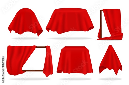Red silk cover. Realistic covered objects with cloth draped or reveal curtain, red napkin or tablecloth. Vector 3D isolated illustration set covering to be revealed shape object on white background