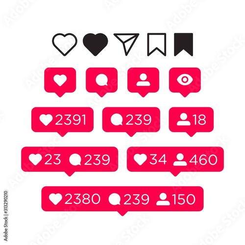 Like, comment, follower and notification Icons set. Social Media concept for interface. Vector illustration isolated on white background