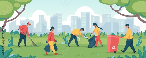 Volunteers clean garbage. Happy people community collecting trash at park territory or forest. Vector cartoon characters volunteering together clean street and forest from rubbish