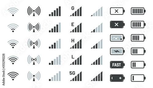 Battery and signal icons. Smartphone charge status, gsm and wifi signal strength. Vector phone powered battery level symbols, network connection sign mobile device interface