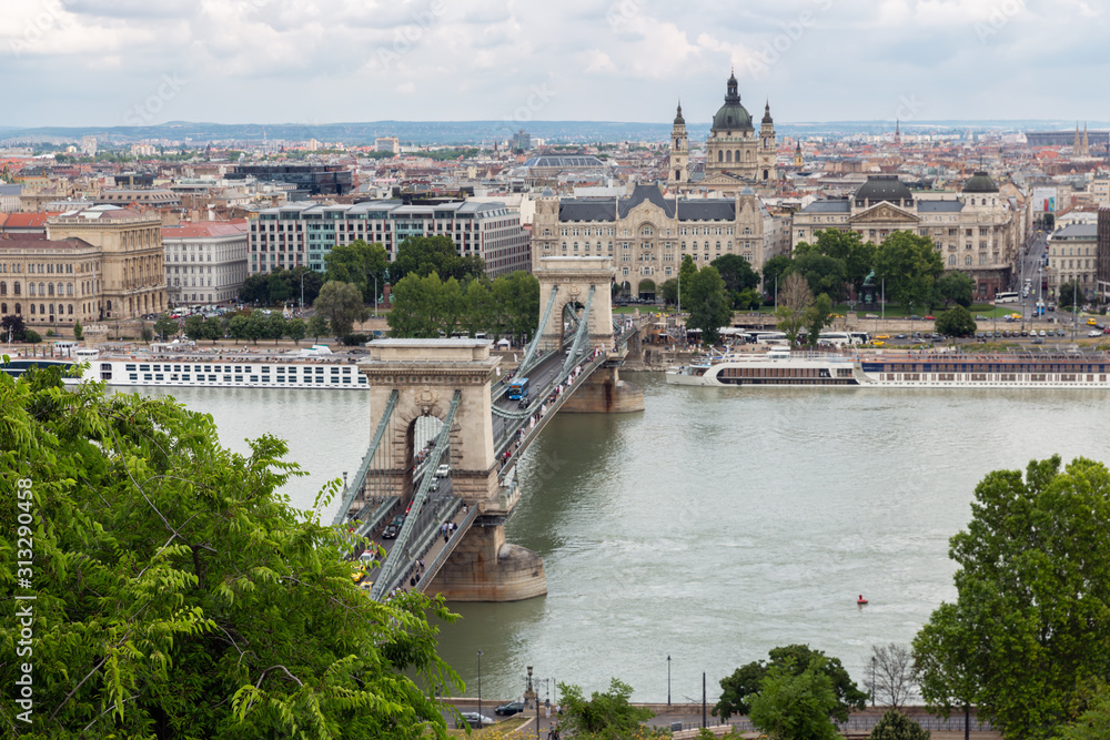 Fototapeta premium View at Budapest with St. Stephen Basilica and chain bridge