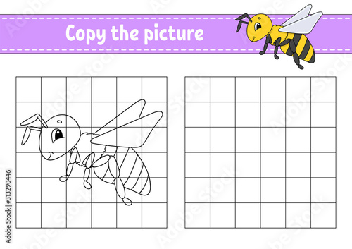 Striped bee.. Copy the picture. Coloring book pages for kids. Education developing worksheet. Game for children. Handwriting practice. Funny character. Cute cartoon vector illustration.