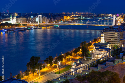 Aerial night vision Budapest with Elisabeth Bridge over Danube river