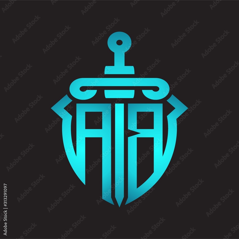 ab Logo monogram with sword and shield combination isolated blue colors gradient