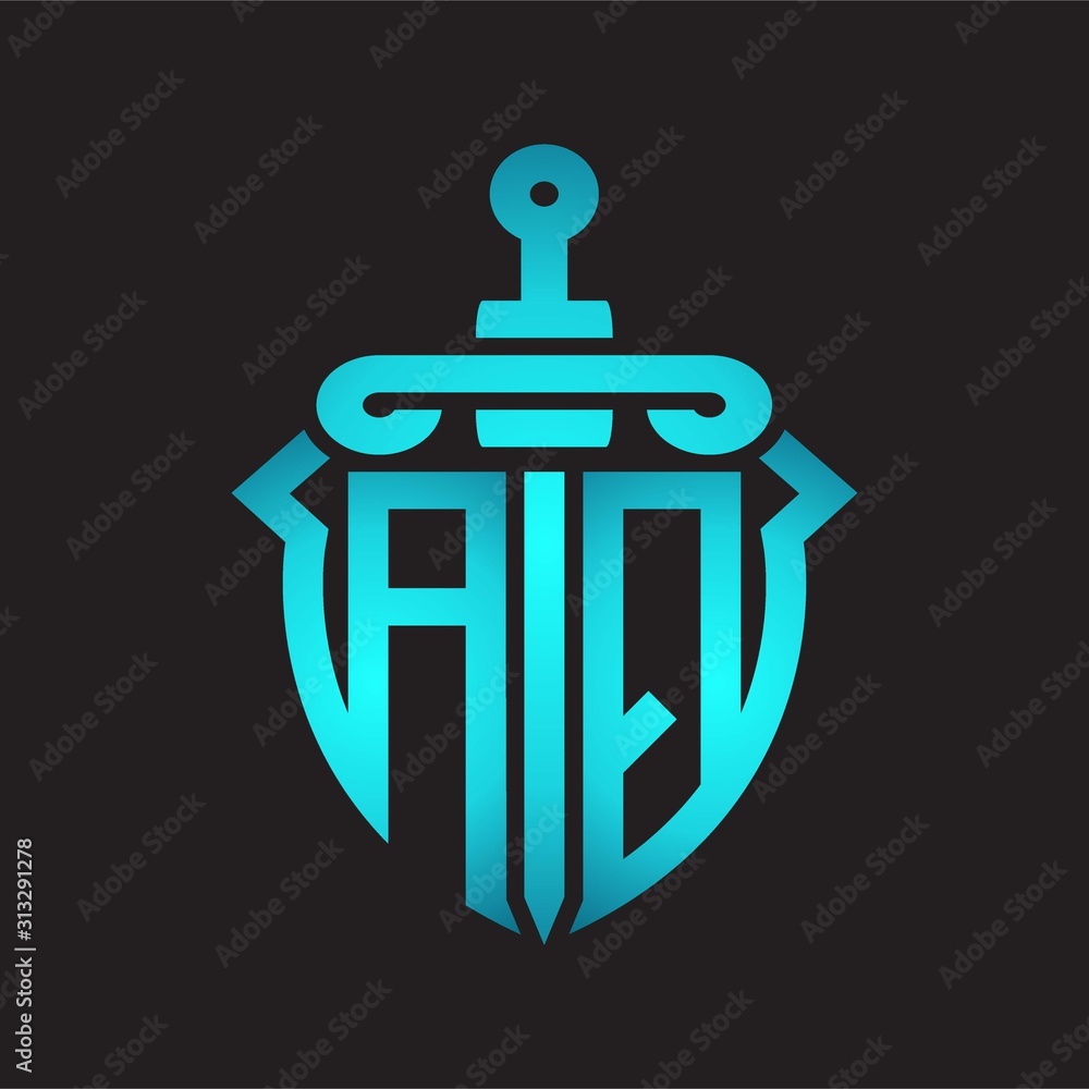 AQ Logo monogram with sword and shield combination isolated blue colors gradient