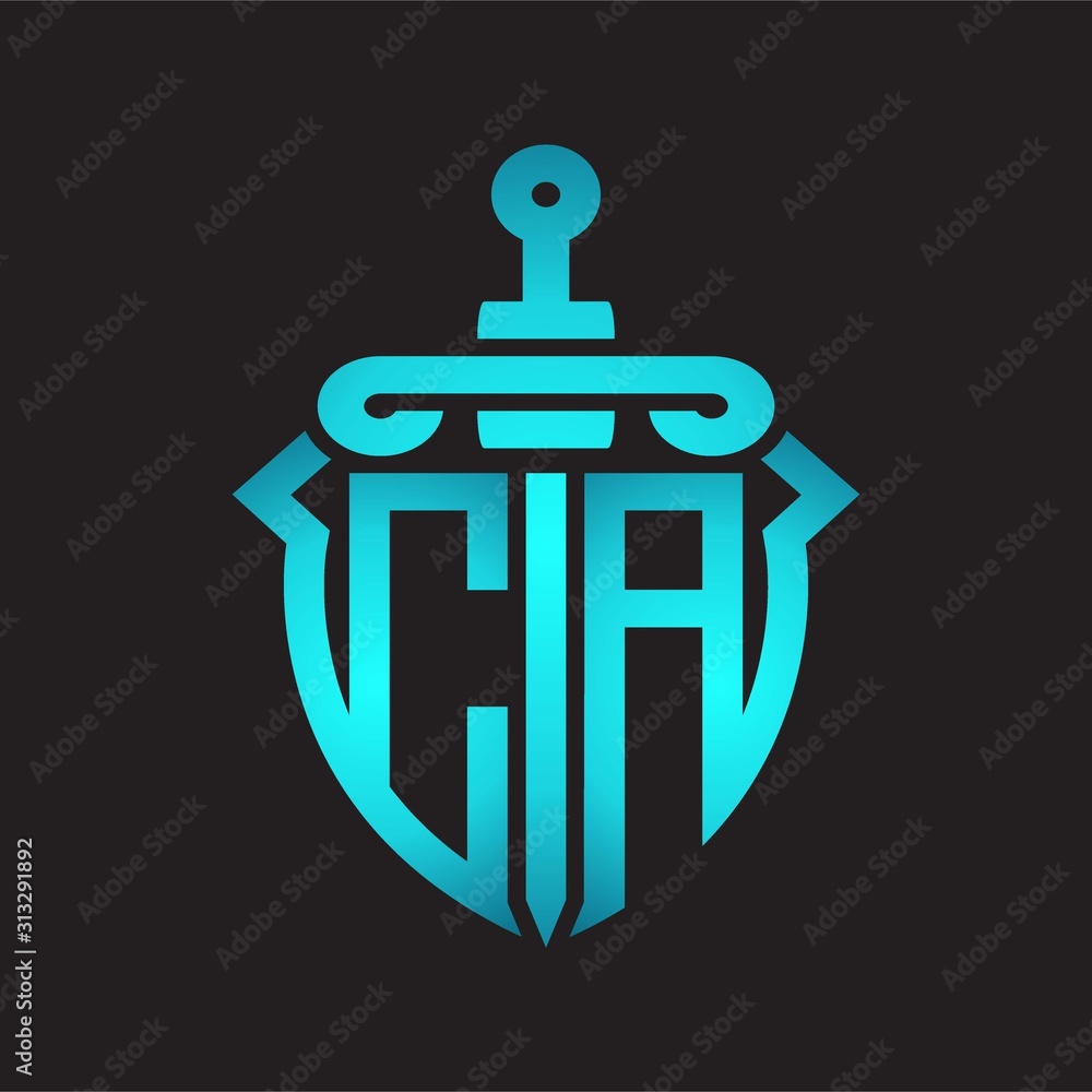 CA Logo monogram with sword and shield combination isolated blue colors gradient CA Logo monogram with sword and shield combination isolated blue colors gradient
